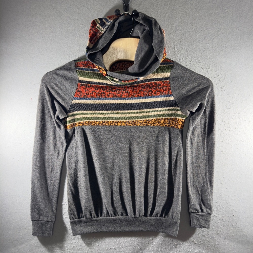 3316 | Lovely Melody Southwestern Aztec Cowl Neck Hoodie Gray Boho Women S